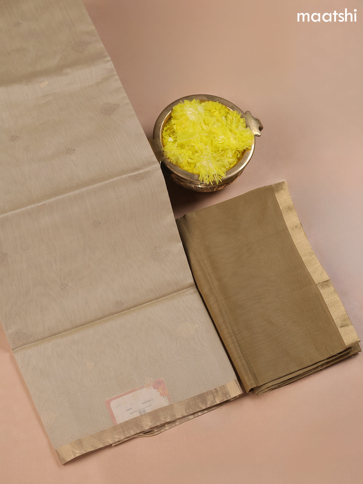 Beige Kora Silk Cotton Dress Material With Zari Buttas