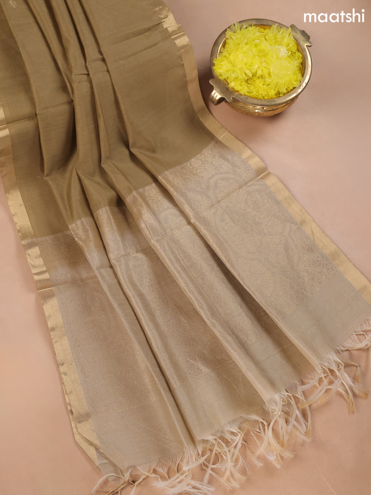 Beige Kora Silk Cotton Dress Material With Zari Buttas