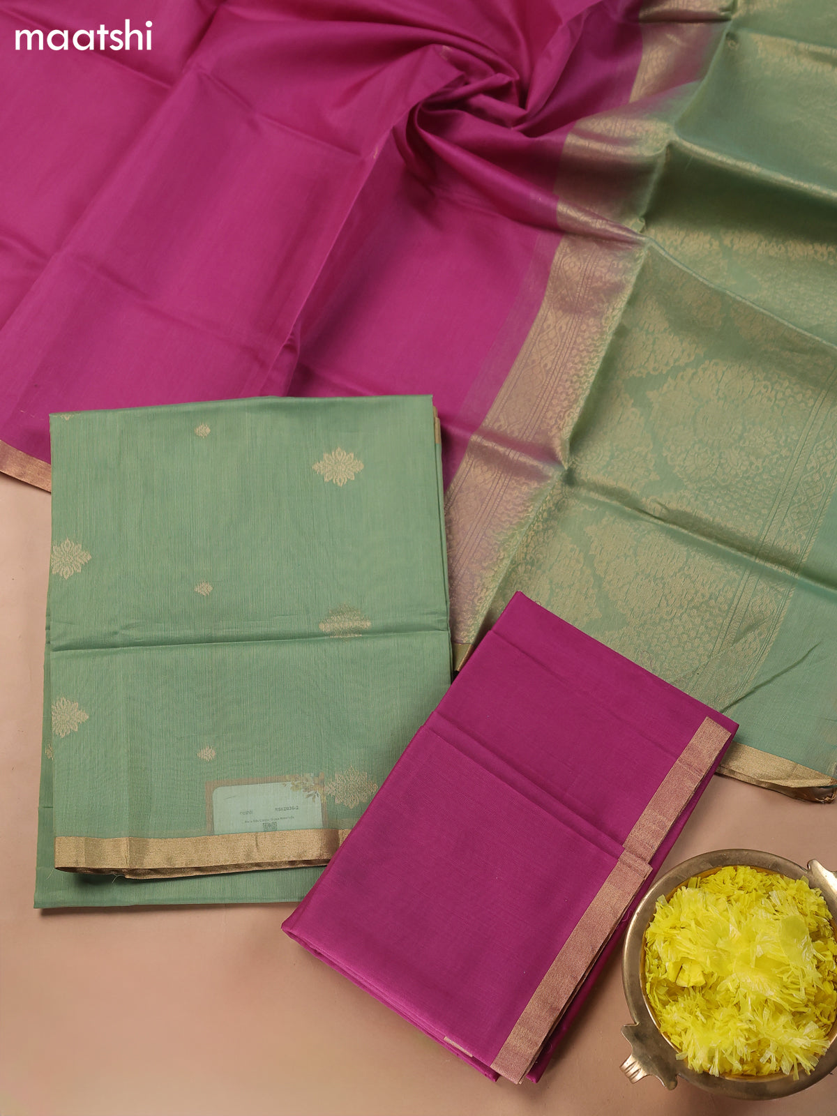 Pastel Green and Magenta Pink Kora Silk Cotton Dress Material With Zari Buttas