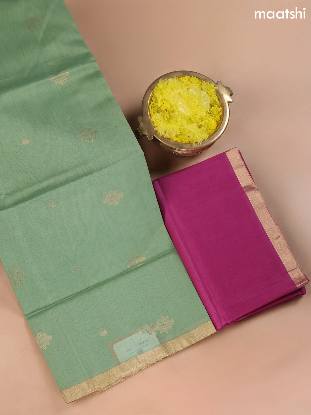 Pastel Green and Magenta Pink Kora Silk Cotton Dress Material With Zari Buttas