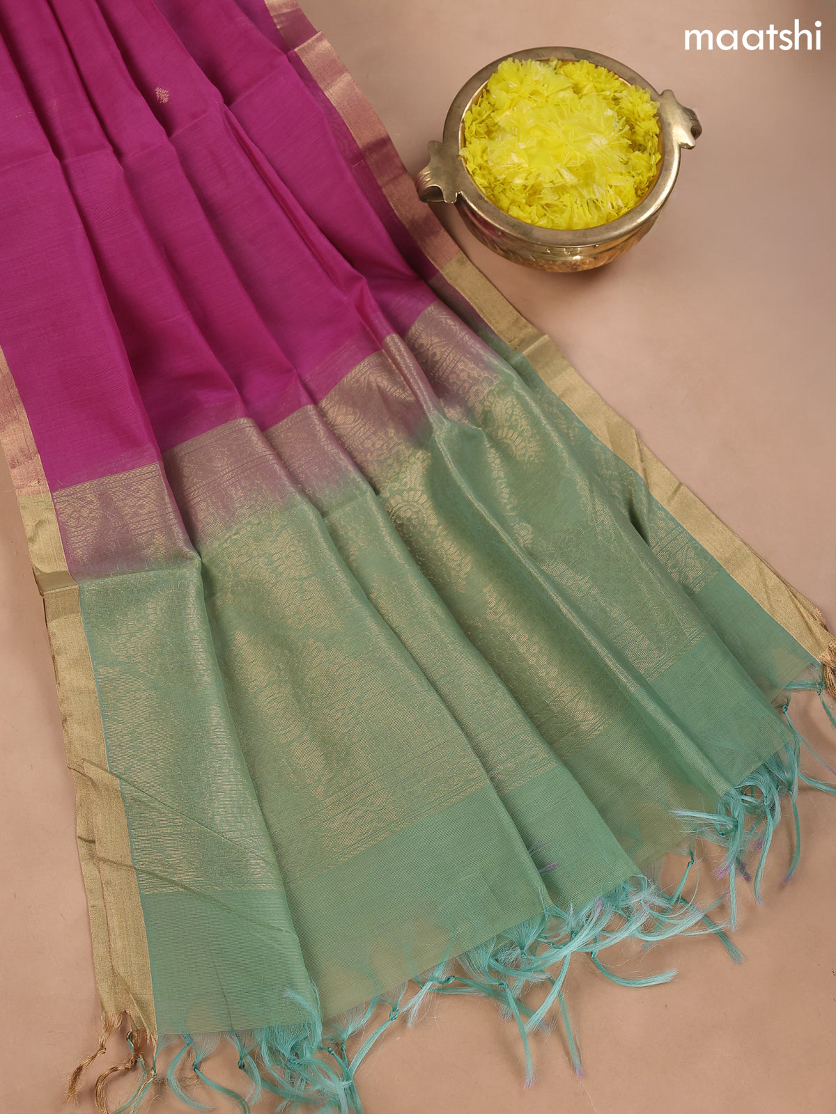 Pastel Green and Magenta Pink Kora Silk Cotton Dress Material With Zari Buttas