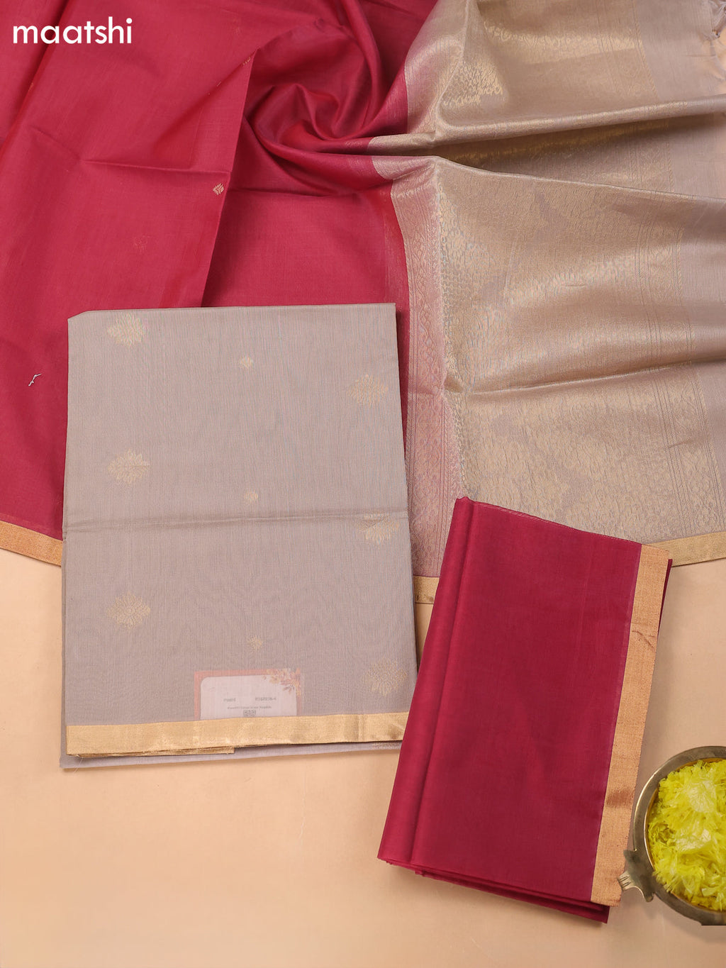 Pastel Brown and Maroon Kora Silk Cotton Dress Material With Zari Buttas