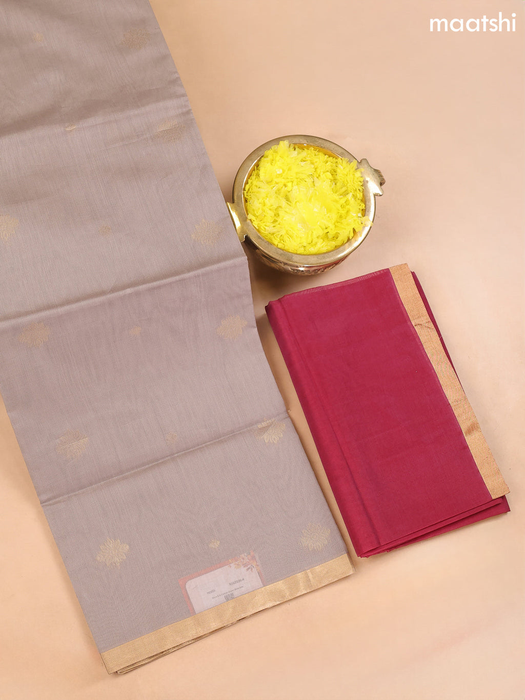 Pastel Brown and Maroon Kora Silk Cotton Dress Material With Zari Buttas