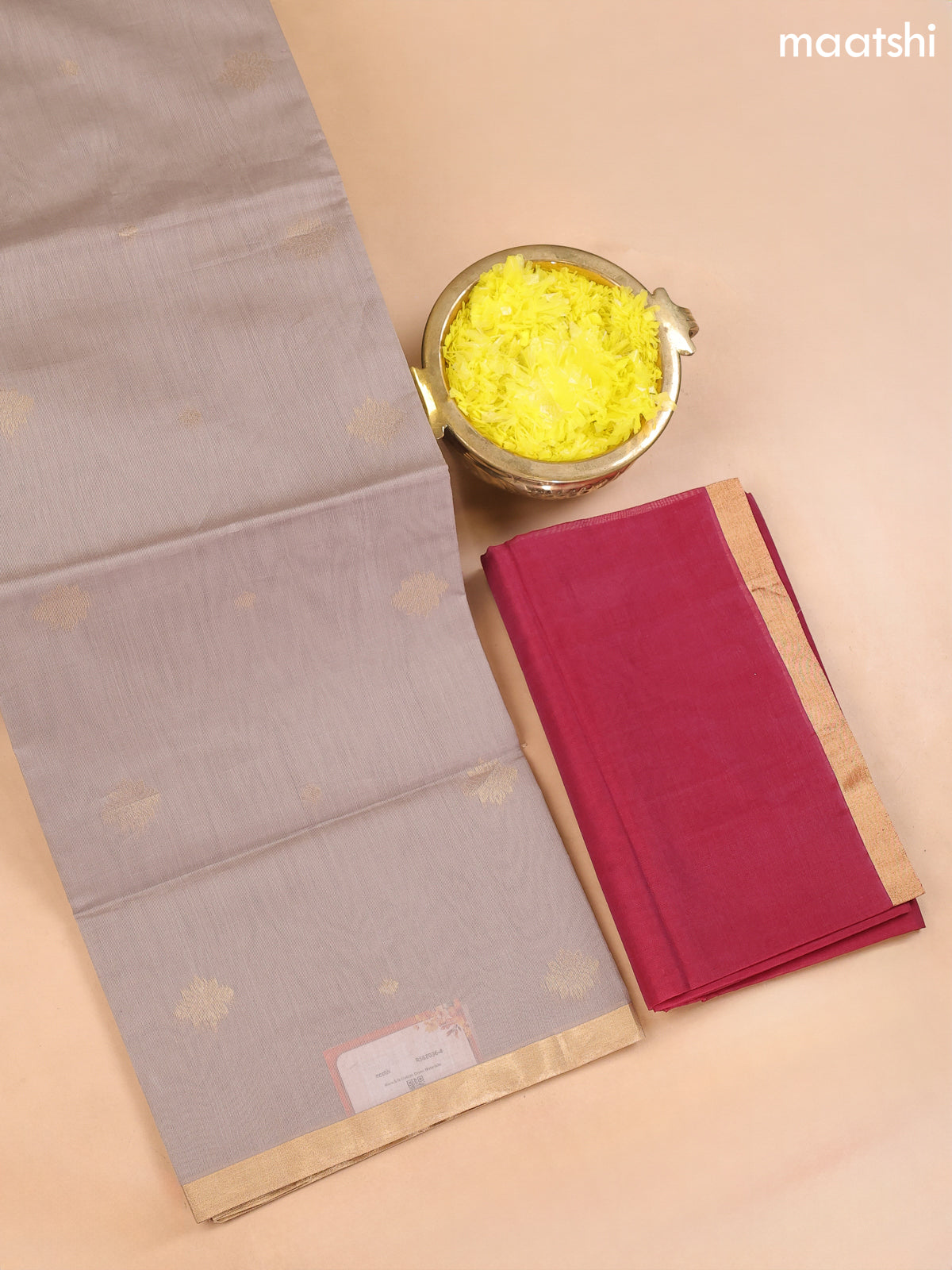 Pastel Brown and Maroon Kora Silk Cotton Dress Material With Zari Buttas