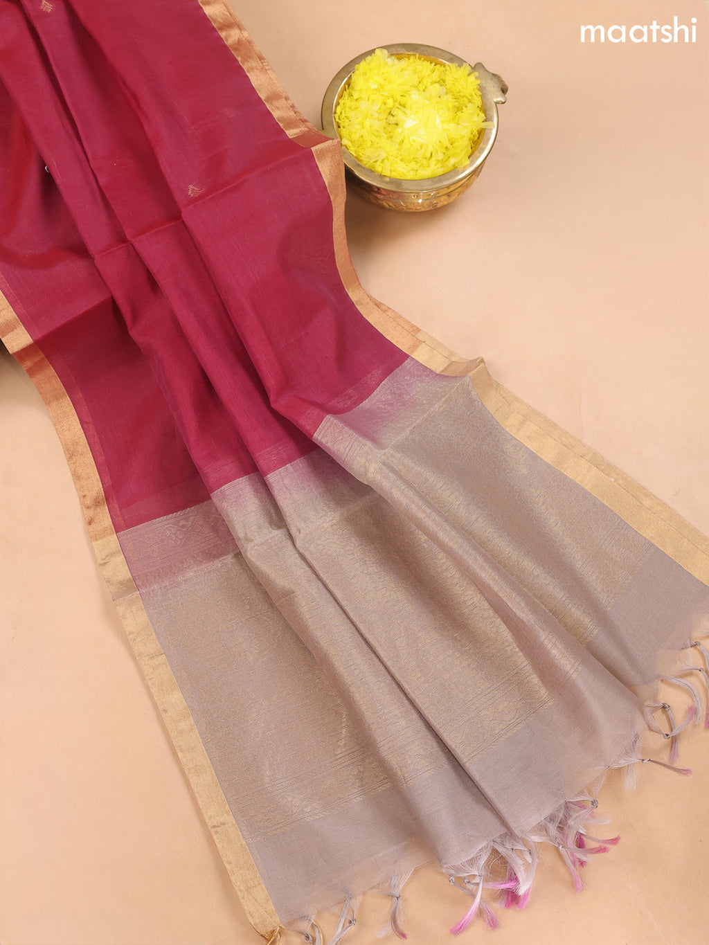 Pastel Brown and Maroon Kora Silk Cotton Dress Material With Zari Buttas