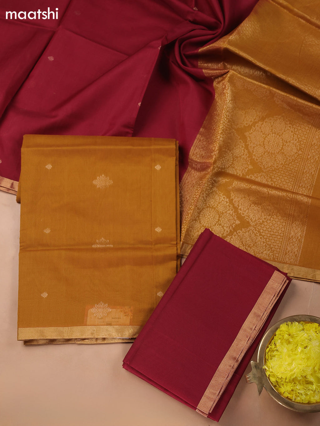 Mustard Yellow and Maroon Kora Silk Cotton Dress Material With Zari Buttas