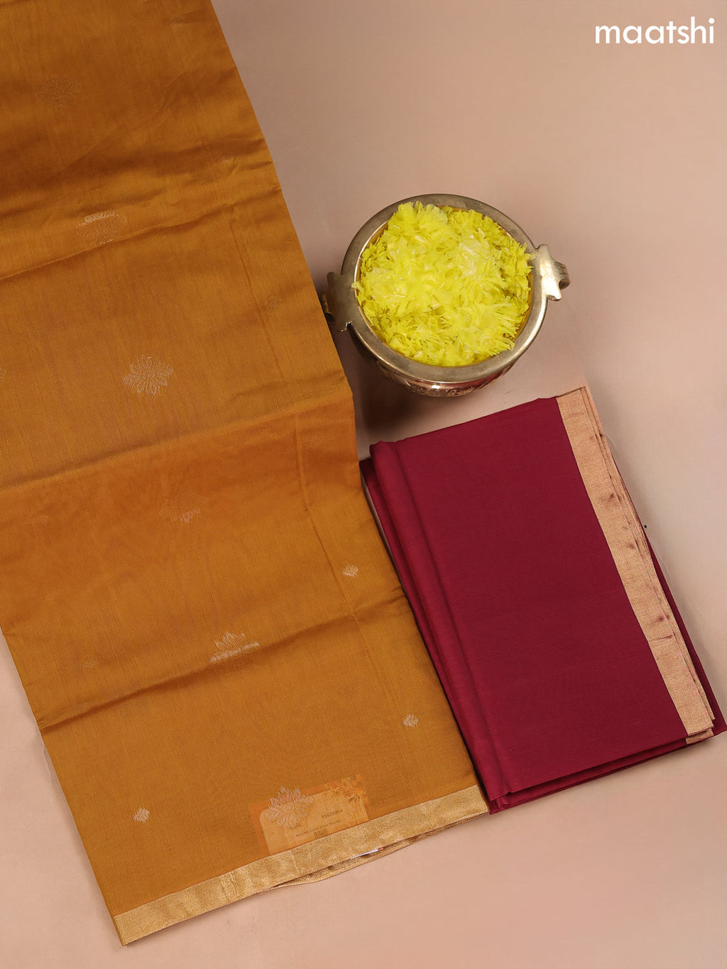 Mustard Yellow and Maroon Kora Silk Cotton Dress Material With Zari Buttas