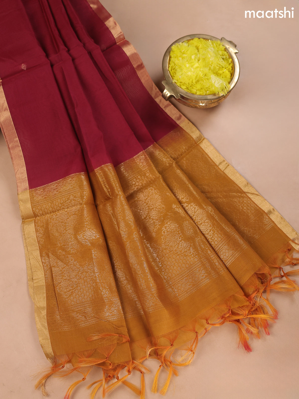 Mustard Yellow and Maroon Kora Silk Cotton Dress Material With Zari Buttas