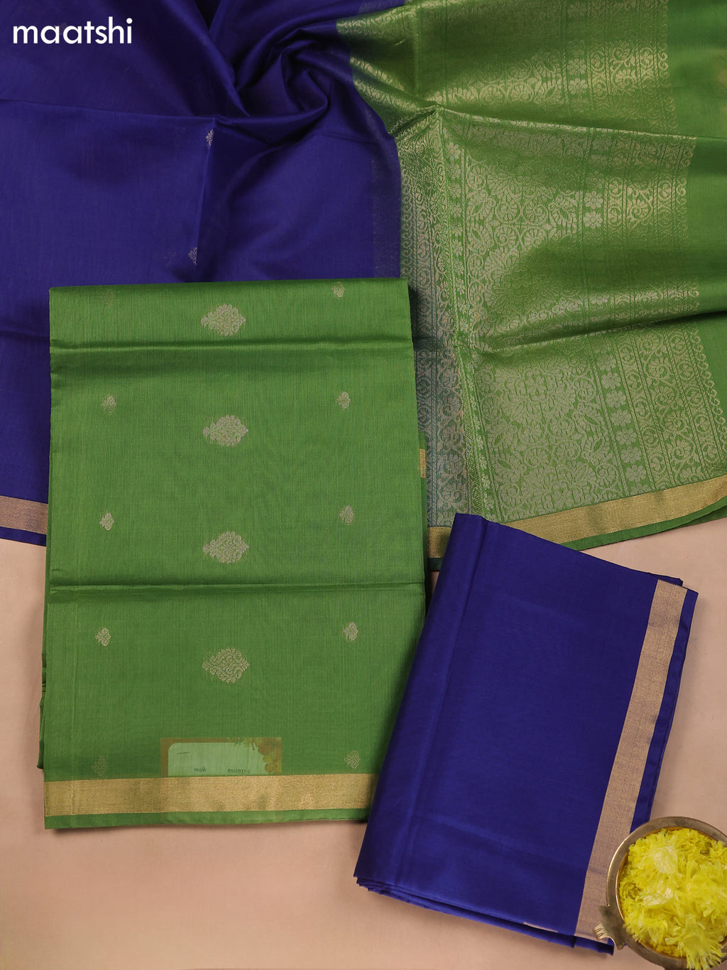 Green and Dark Blue Kora Silk Cotton Dress Material With Zari Buttas