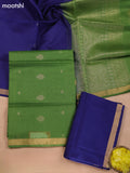Green and Dark Blue Kora Silk Cotton Dress Material With Zari Buttas