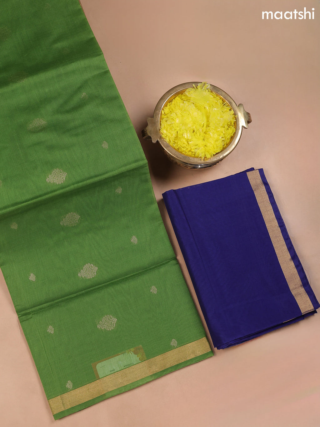 Green and Dark Blue Kora Silk Cotton Dress Material With Zari Buttas