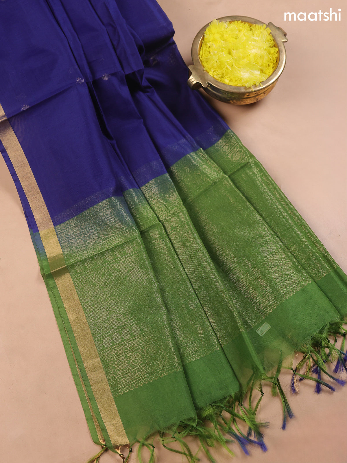 Green and Dark Blue Kora Silk Cotton Dress Material With Zari Buttas