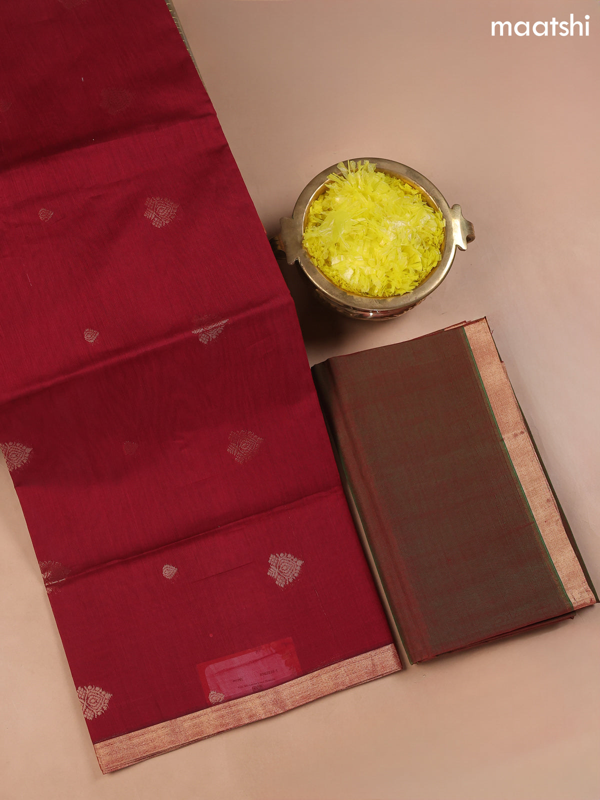 Maroon and Dual Shade Of Green Kora Silk Cotton Dress Material With Zari Buttas