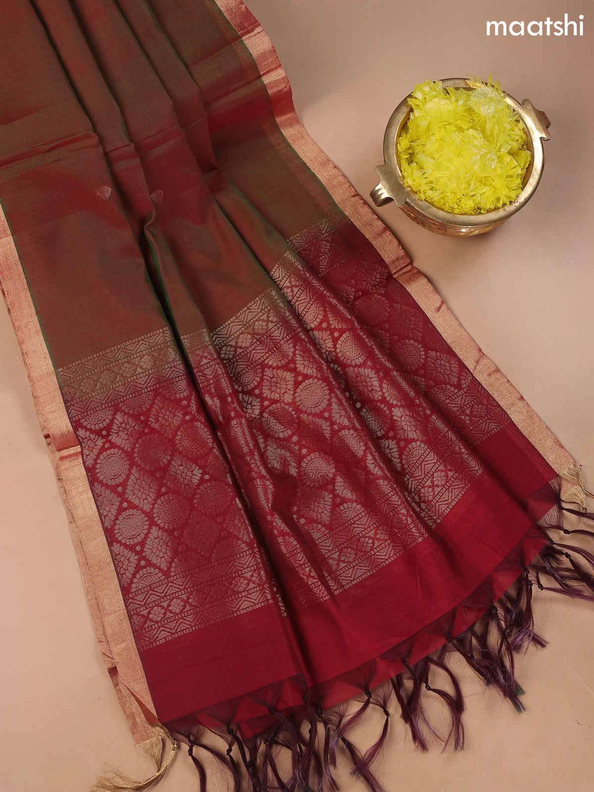 Maroon and Dual Shade Of Green Kora Silk Cotton Dress Material With Zari Buttas