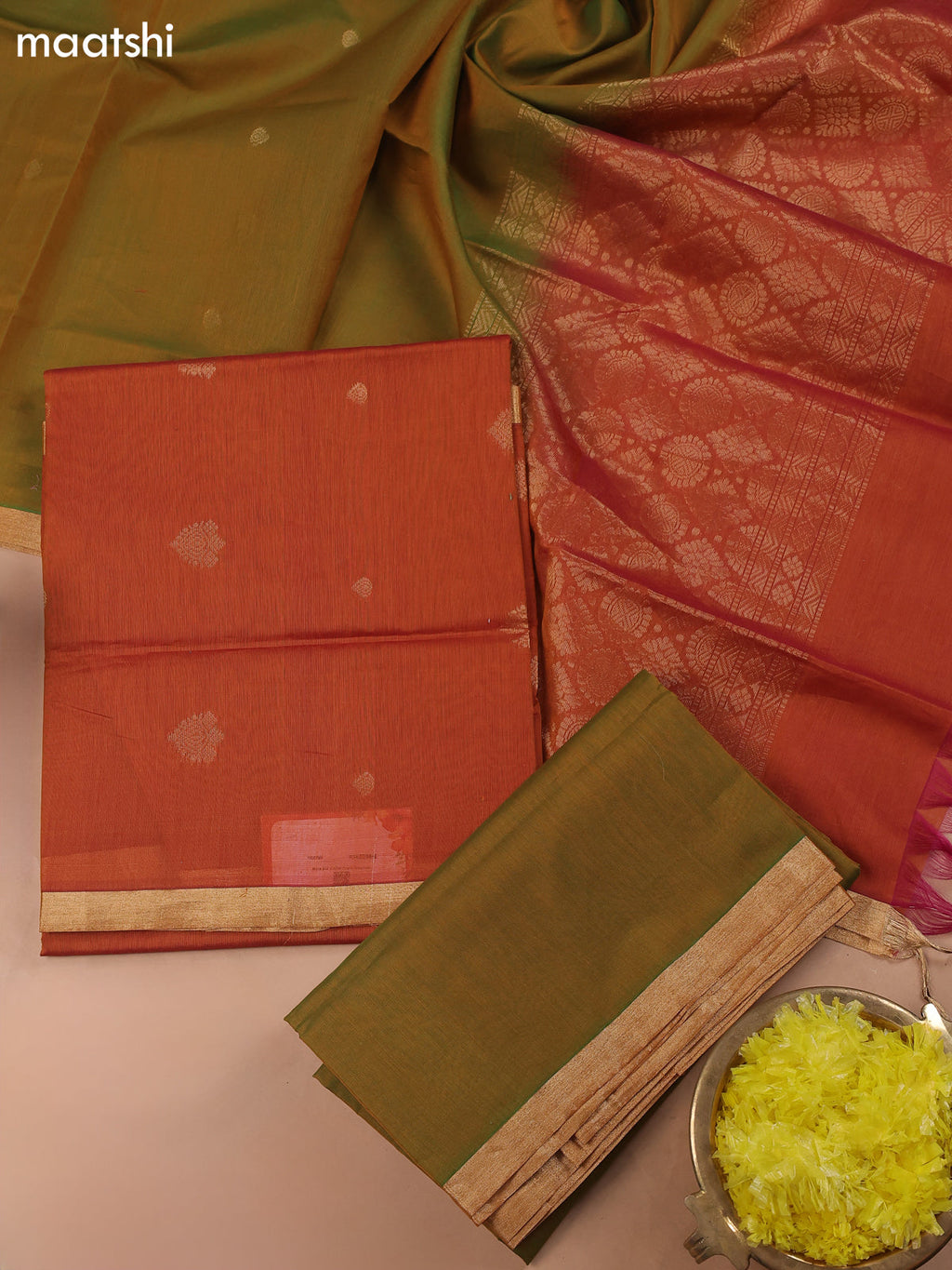 Dual Shade Of Orange and Dual Shade Of Green Kora Silk Cotton Dress Material With Zari Buttas