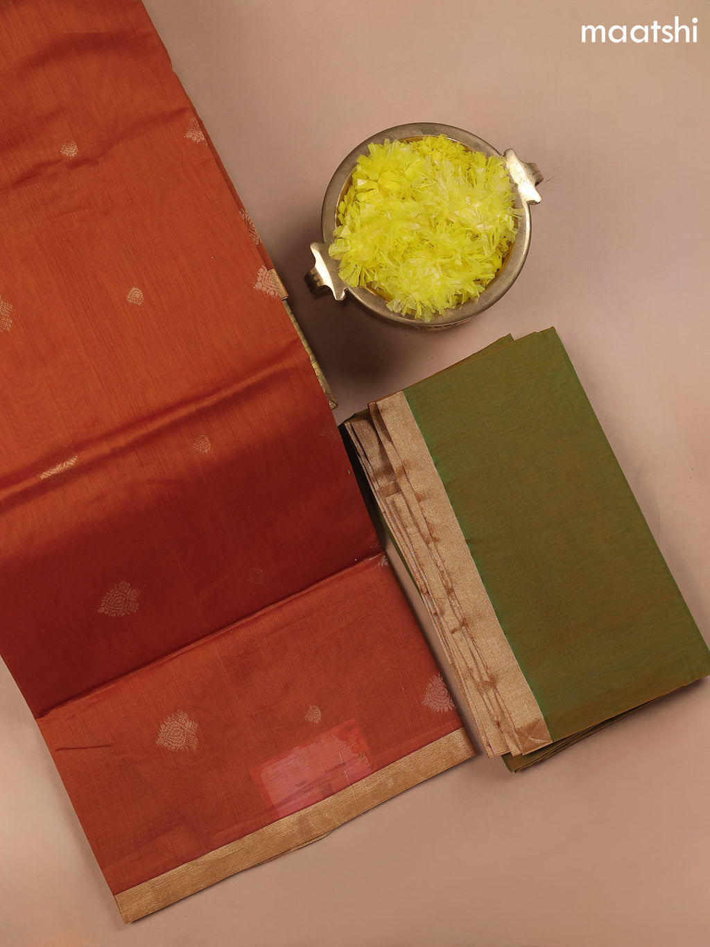 Dual Shade Of Orange and Dual Shade Of Green Kora Silk Cotton Dress Material With Zari Buttas