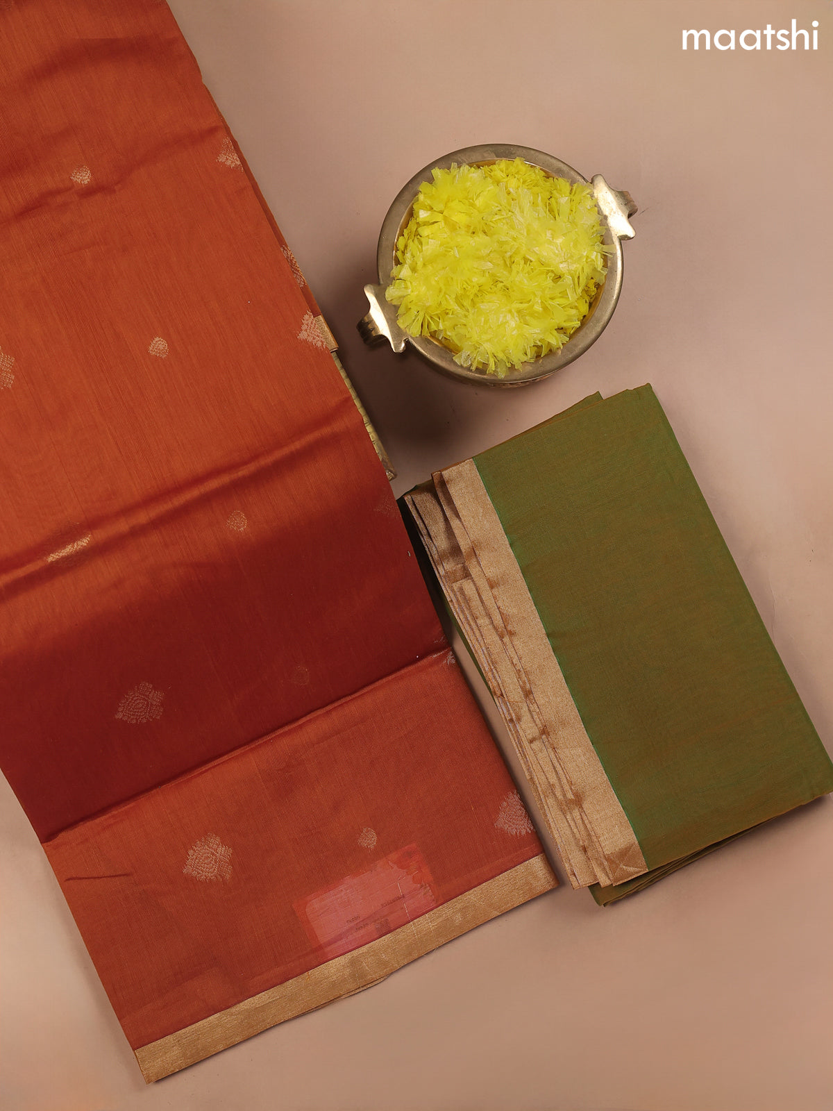 Dual Shade Of Orange and Dual Shade Of Green Kora Silk Cotton Dress Material With Zari Buttas