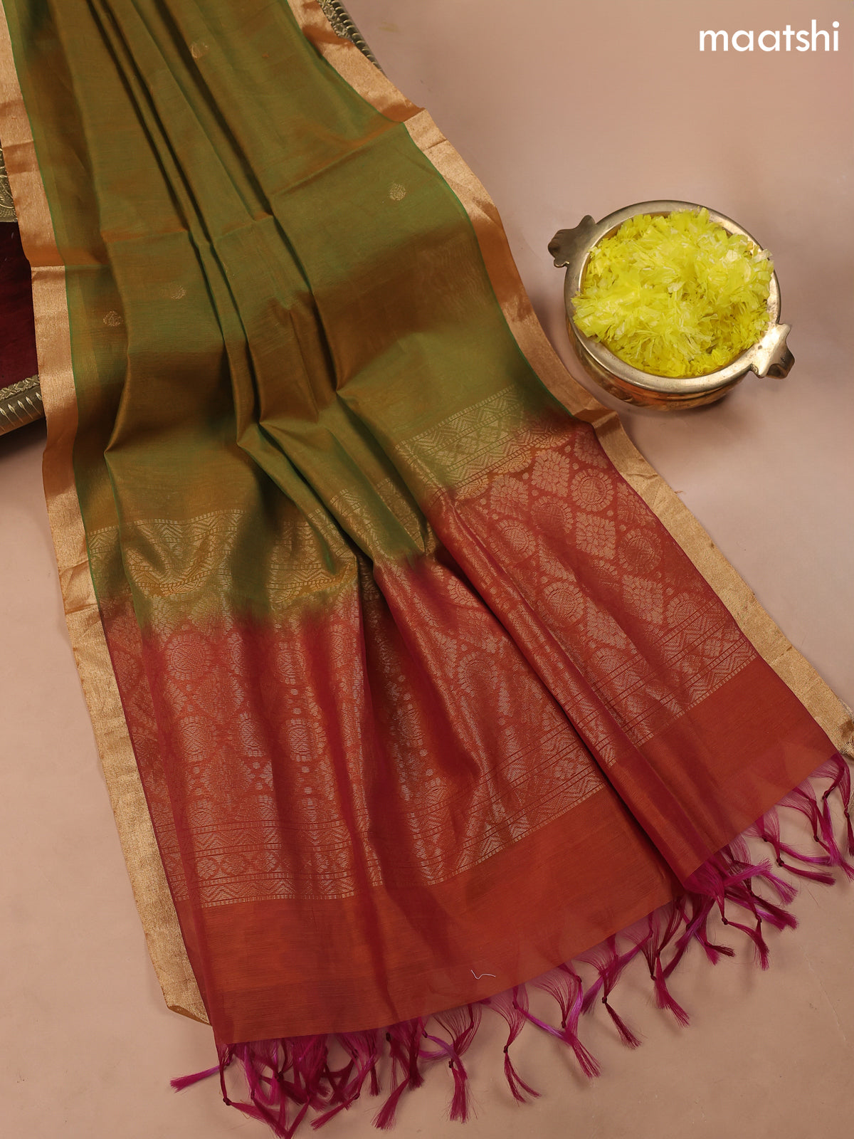 Dual Shade Of Orange and Dual Shade Of Green Kora Silk Cotton Dress Material With Zari Buttas