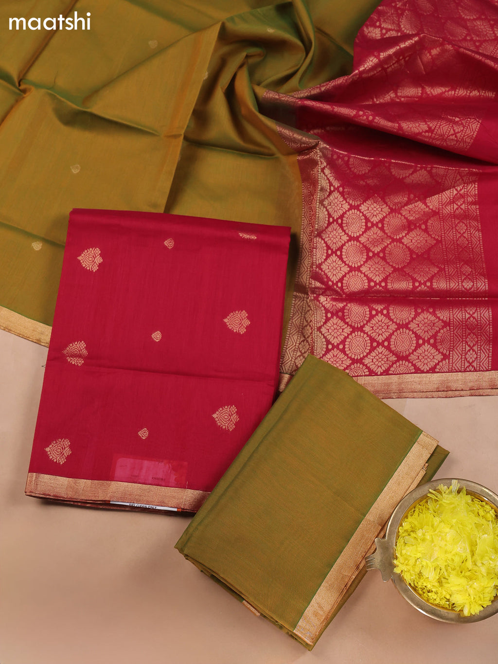 Maroon and Dual Shade Of Green Kora Silk Cotton Dress Material With Zari Buttas