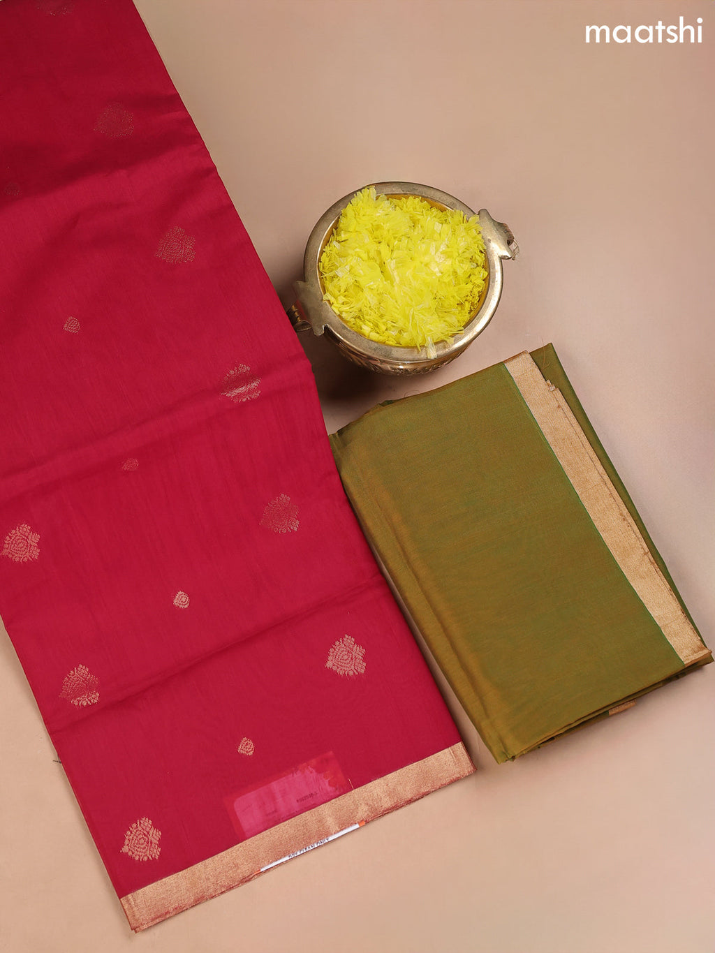Maroon and Dual Shade Of Green Kora Silk Cotton Dress Material With Zari Buttas