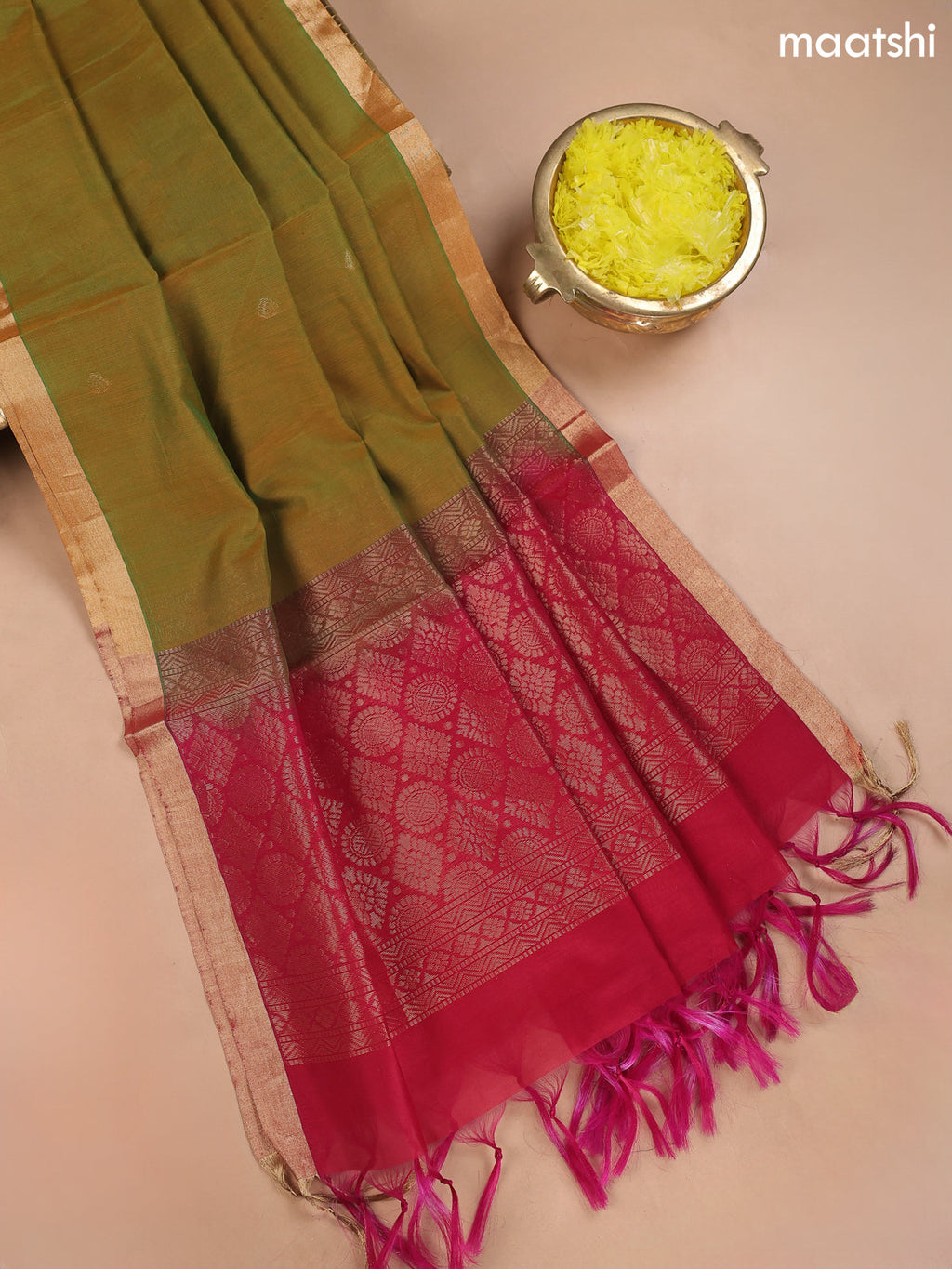 Maroon and Dual Shade Of Green Kora Silk Cotton Dress Material With Zari Buttas