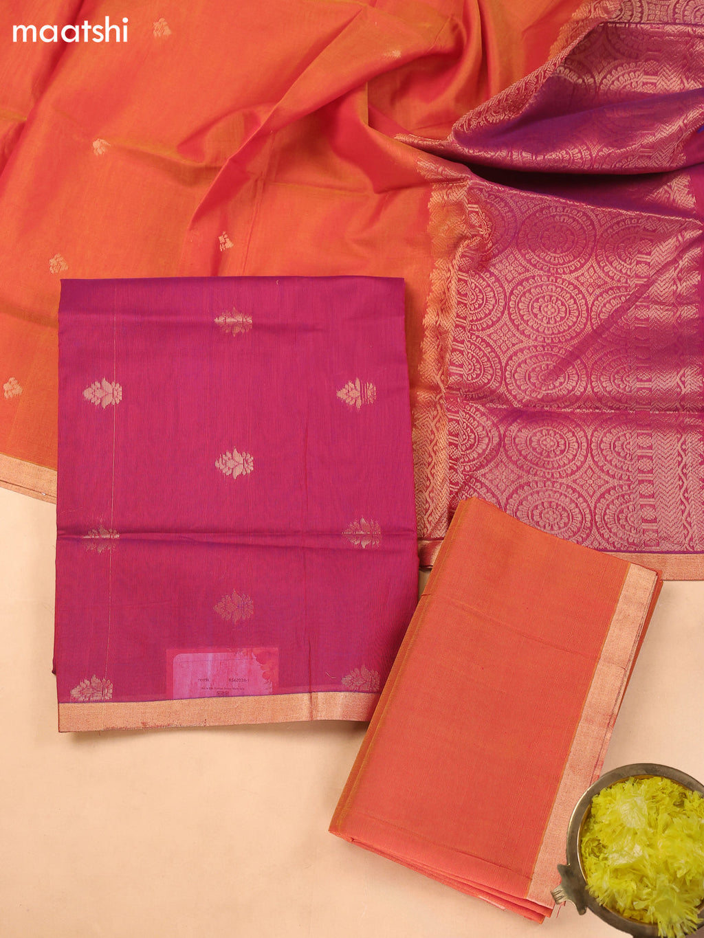 Magenta Pink and Dual Shade Of Yellow Kora Silk Cotton Dress Material With Zari Buttas