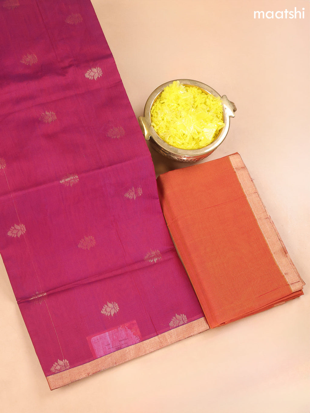 Magenta Pink and Dual Shade Of Yellow Kora Silk Cotton Dress Material With Zari Buttas