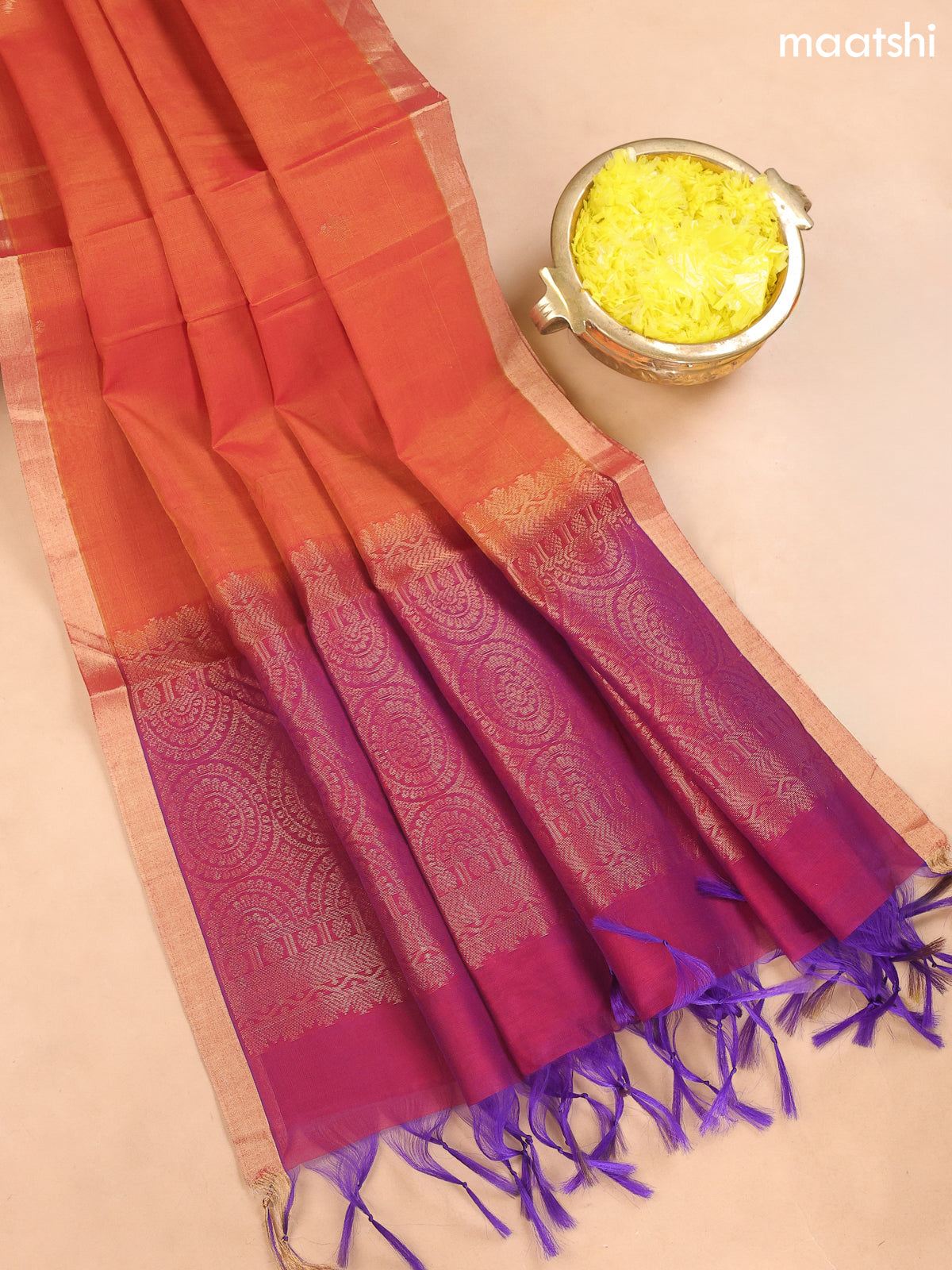 Magenta Pink and Dual Shade Of Yellow Kora Silk Cotton Dress Material With Zari Buttas