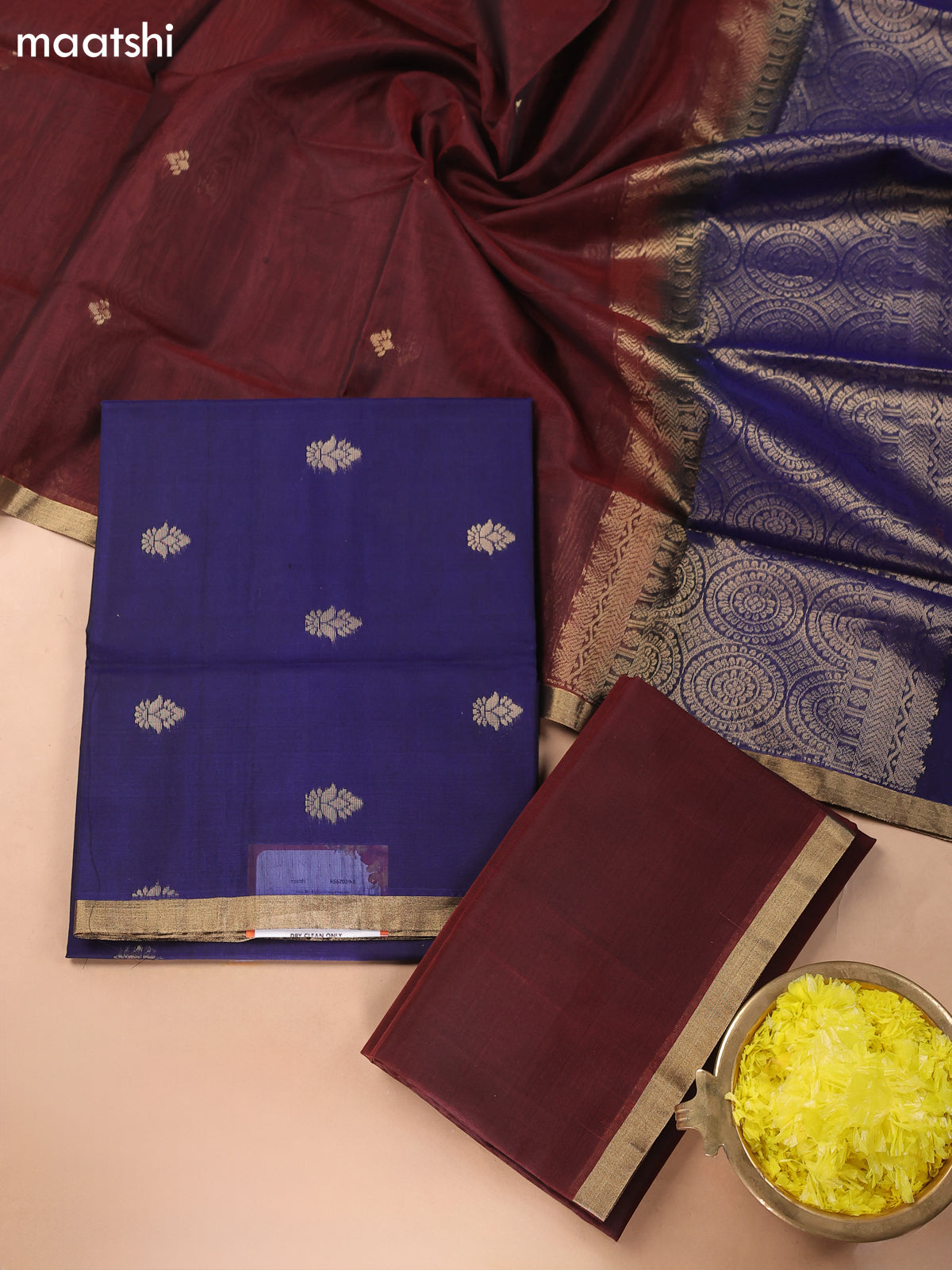 Dark Blue and Deep Coffee Brown Kora Silk Cotton Dress Material With Zari Buttas