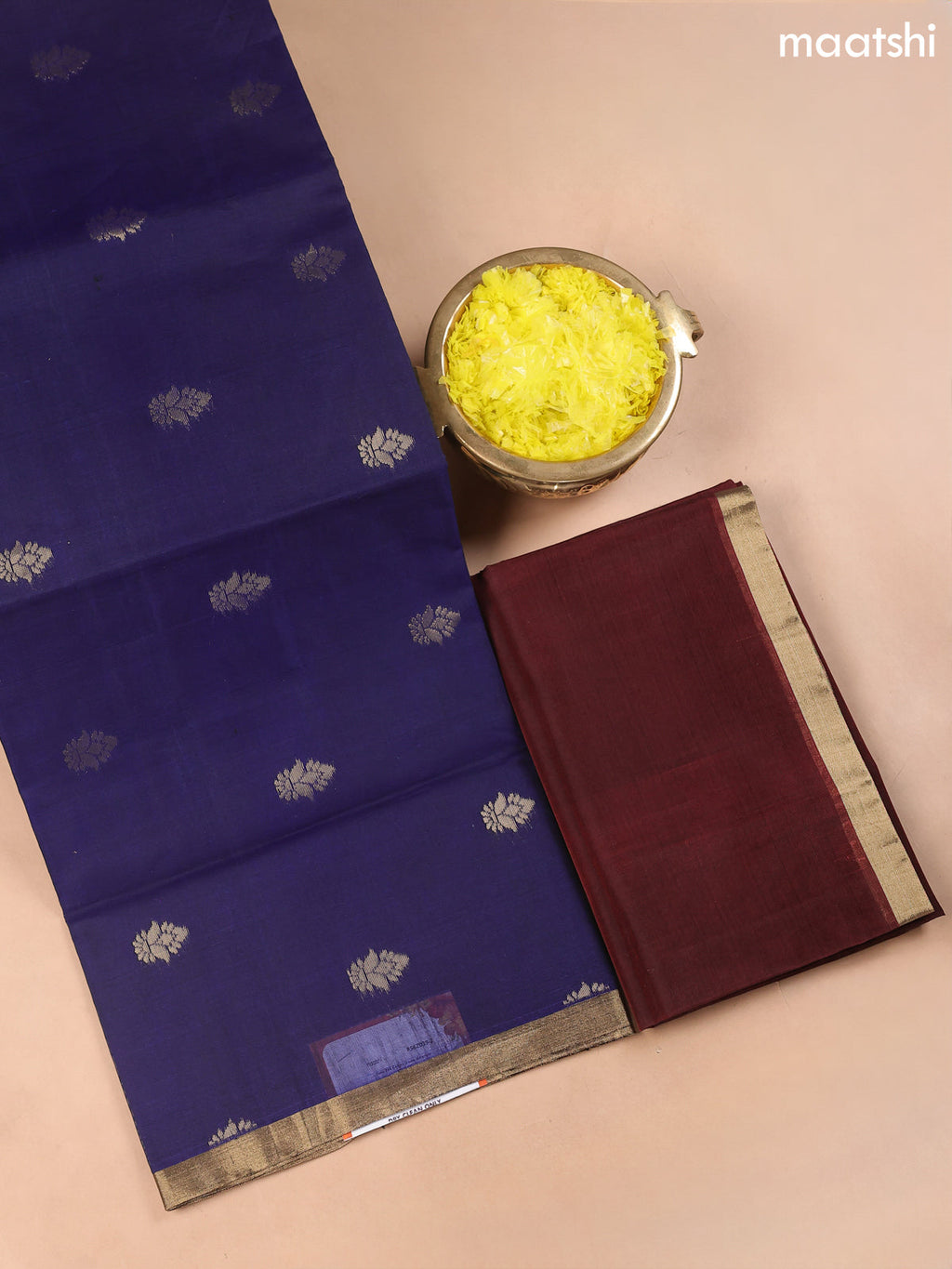 Dark Blue and Deep Coffee Brown Kora Silk Cotton Dress Material With Zari Buttas