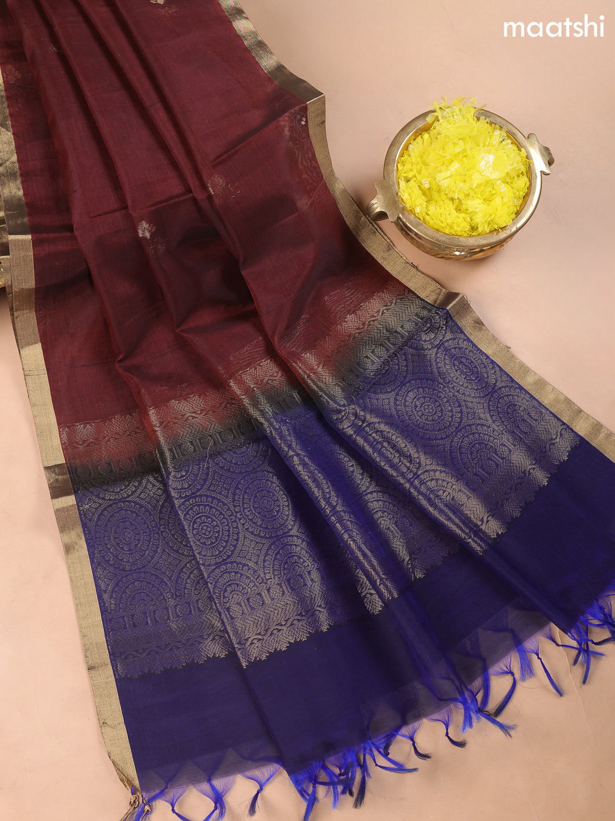 Dark Blue and Deep Coffee Brown Kora Silk Cotton Dress Material With Zari Buttas