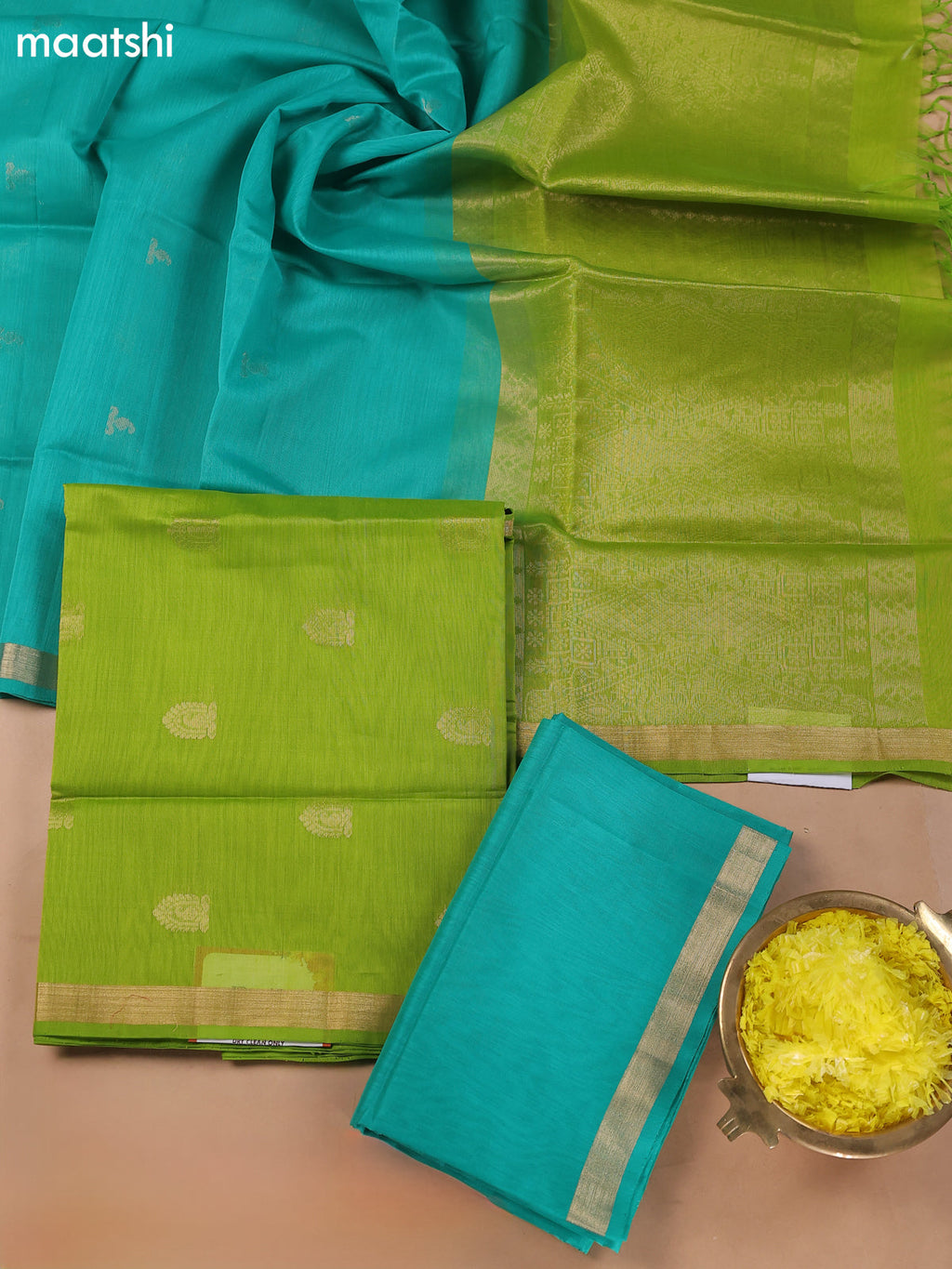 Light Green and Teal Blue Kora Silk Cotton Dress Material With Zari Buttas