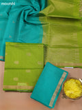 Light Green and Teal Blue Kora Silk Cotton Dress Material With Zari Buttas