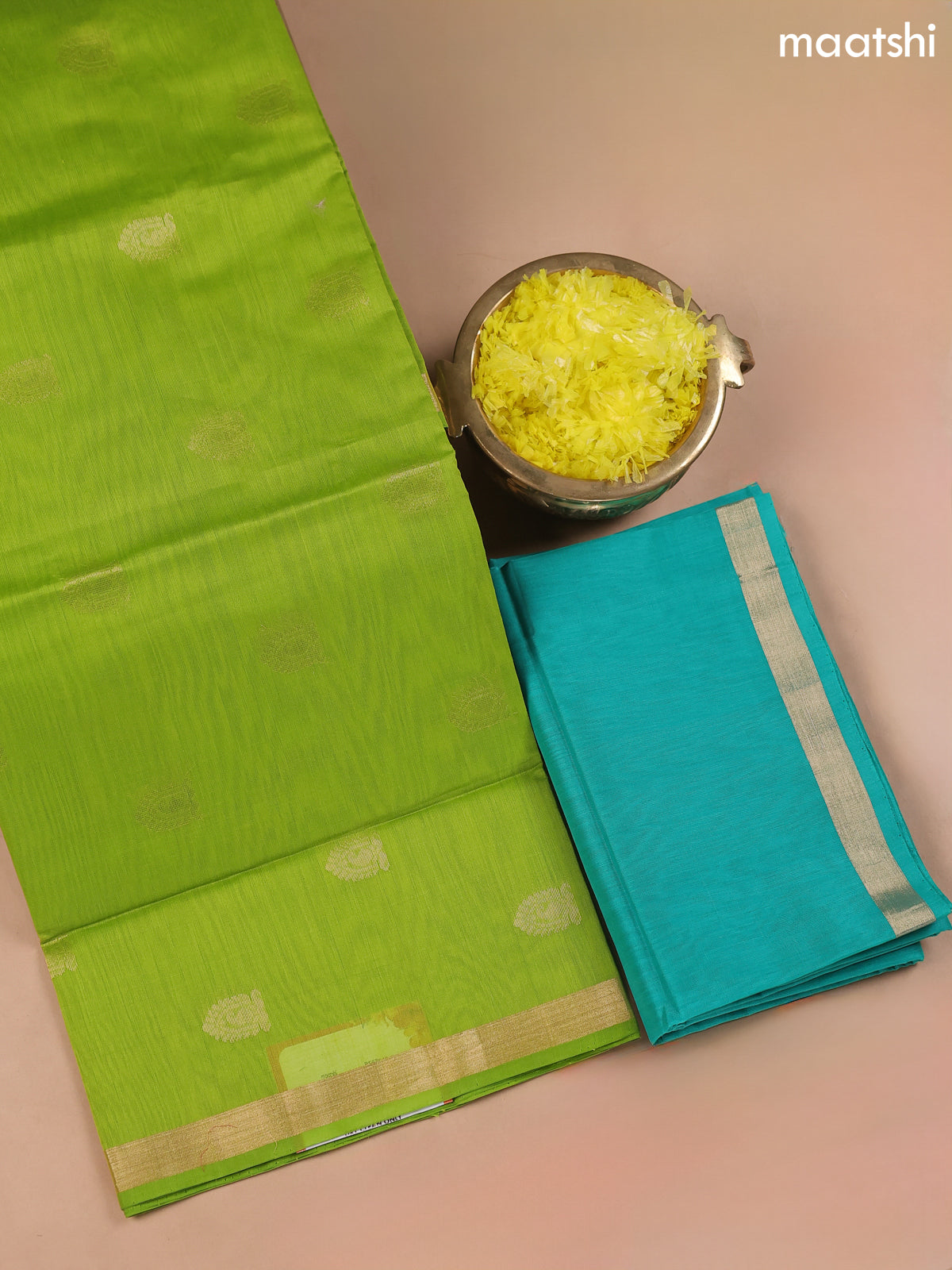 Light Green and Teal Blue Kora Silk Cotton Dress Material With Zari Buttas