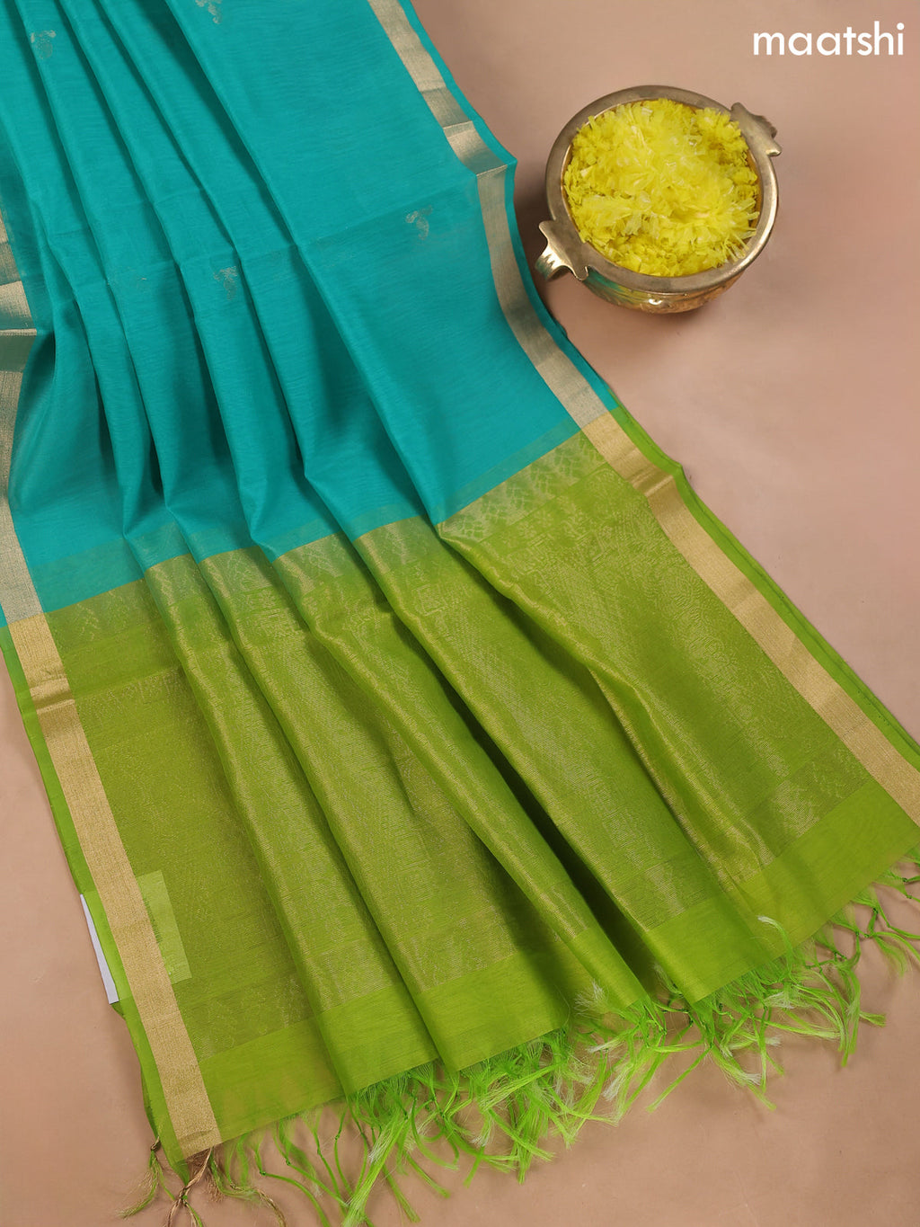 Light Green and Teal Blue Kora Silk Cotton Dress Material With Zari Buttas
