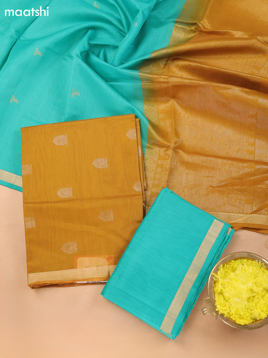 Mustard Yellow and Dual Shade Of Green Kora Silk Cotton Dress Material With Zari Buttas