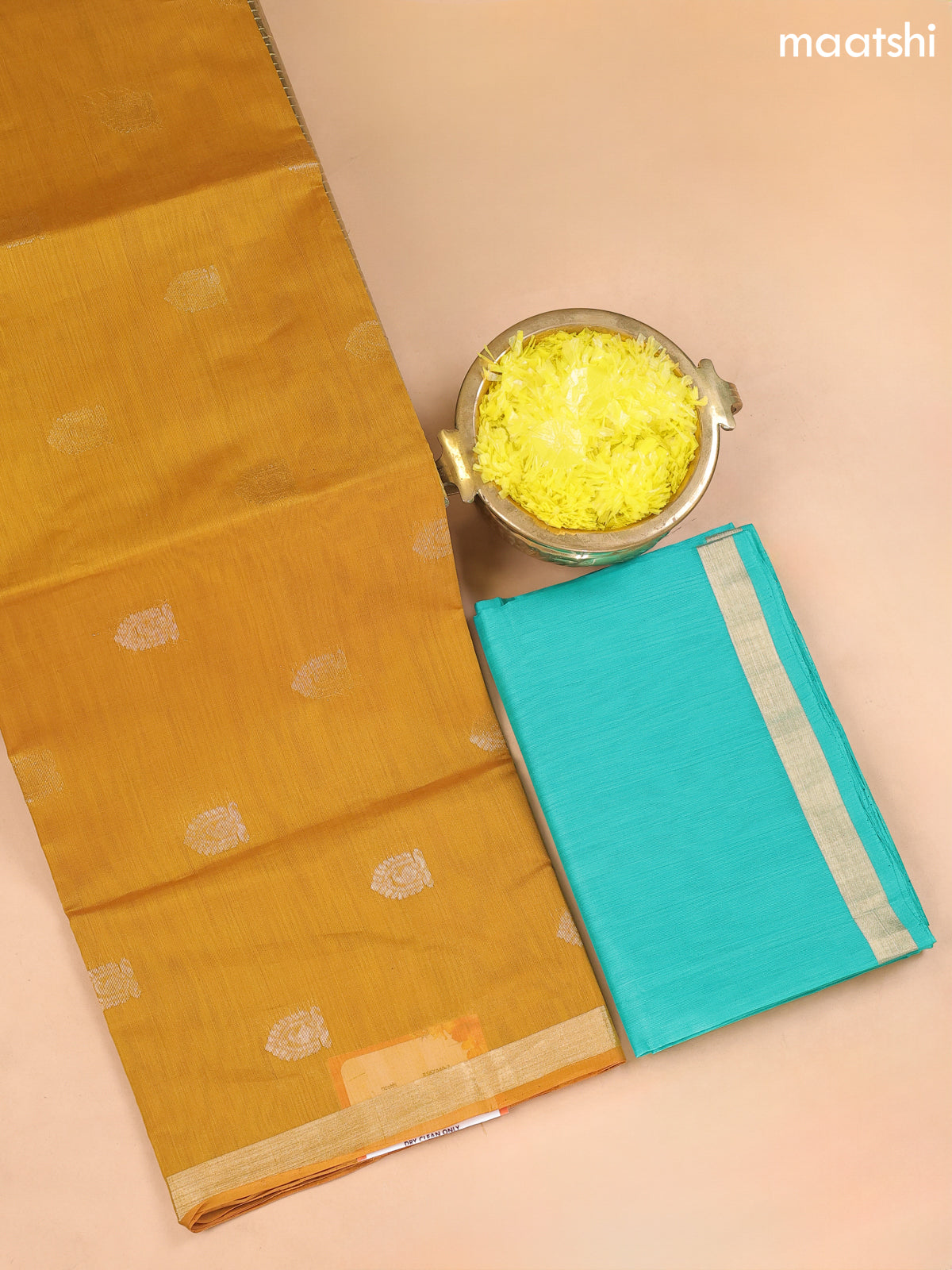 Mustard Yellow and Dual Shade Of Green Kora Silk Cotton Dress Material With Zari Buttas