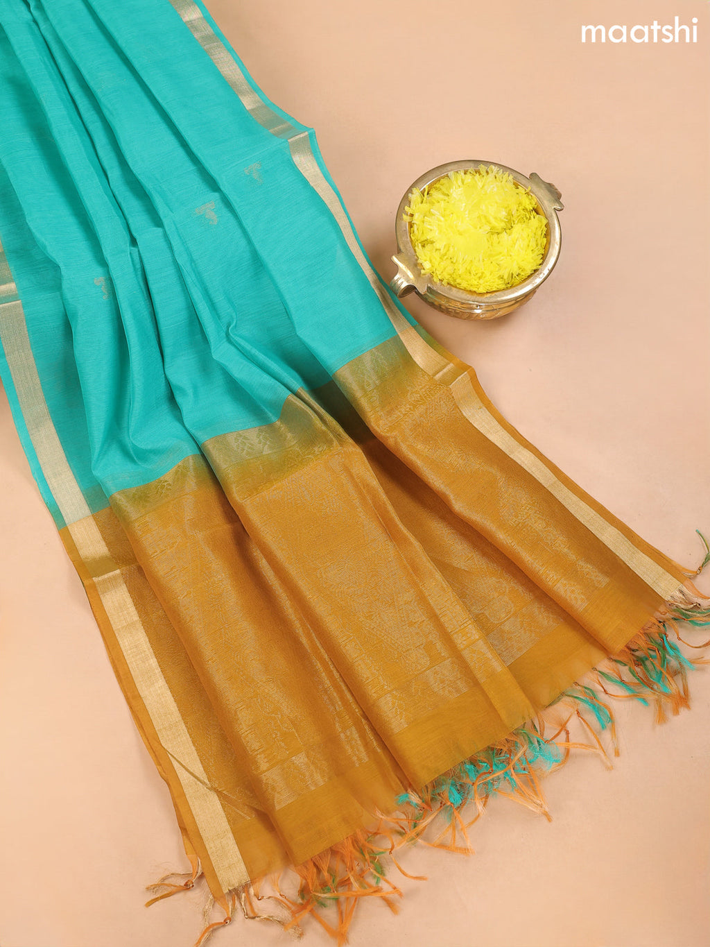Mustard Yellow and Dual Shade Of Green Kora Silk Cotton Dress Material With Zari Buttas