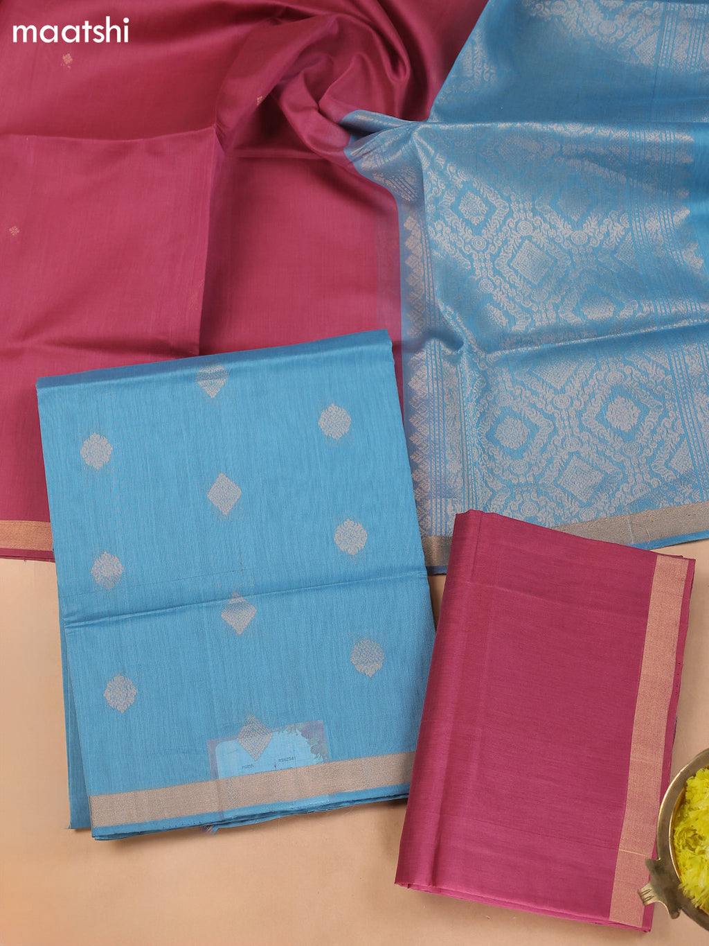 Pastel Blue and Maroon Kora Silk Cotton Dress Material With Zari Buttas
