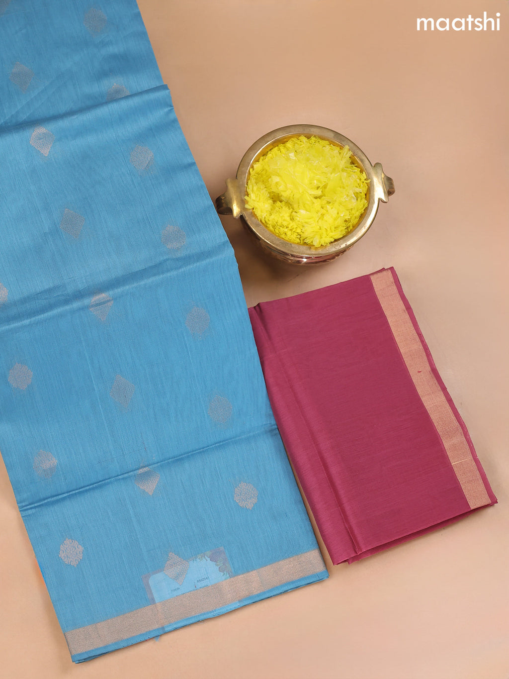 Pastel Blue and Maroon Kora Silk Cotton Dress Material With Zari Buttas