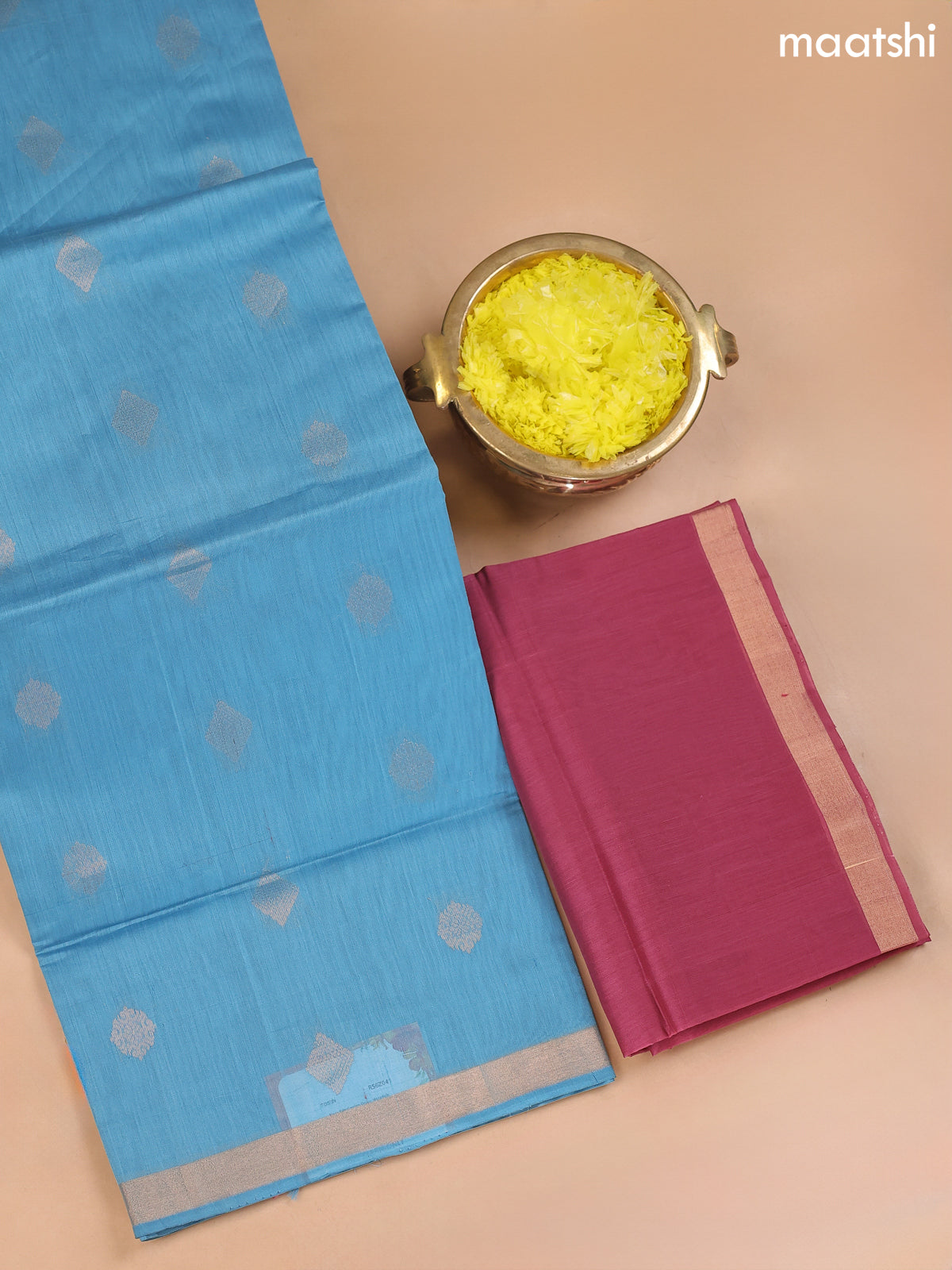 Pastel Blue and Maroon Kora Silk Cotton Dress Material With Zari Buttas
