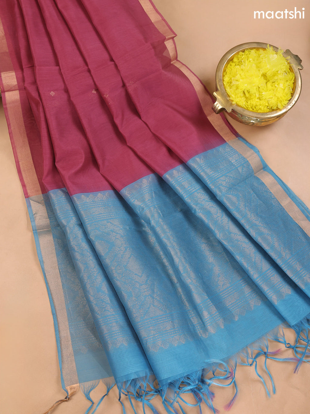 Pastel Blue and Maroon Kora Silk Cotton Dress Material With Zari Buttas