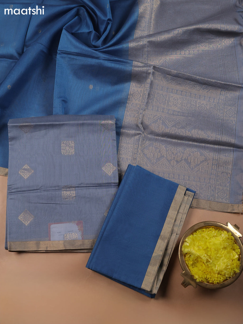 Grey and Blue Kora Silk Cotton Dress Material With Zari Buttas