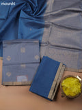 Grey and Blue Kora Silk Cotton Dress Material With Zari Buttas