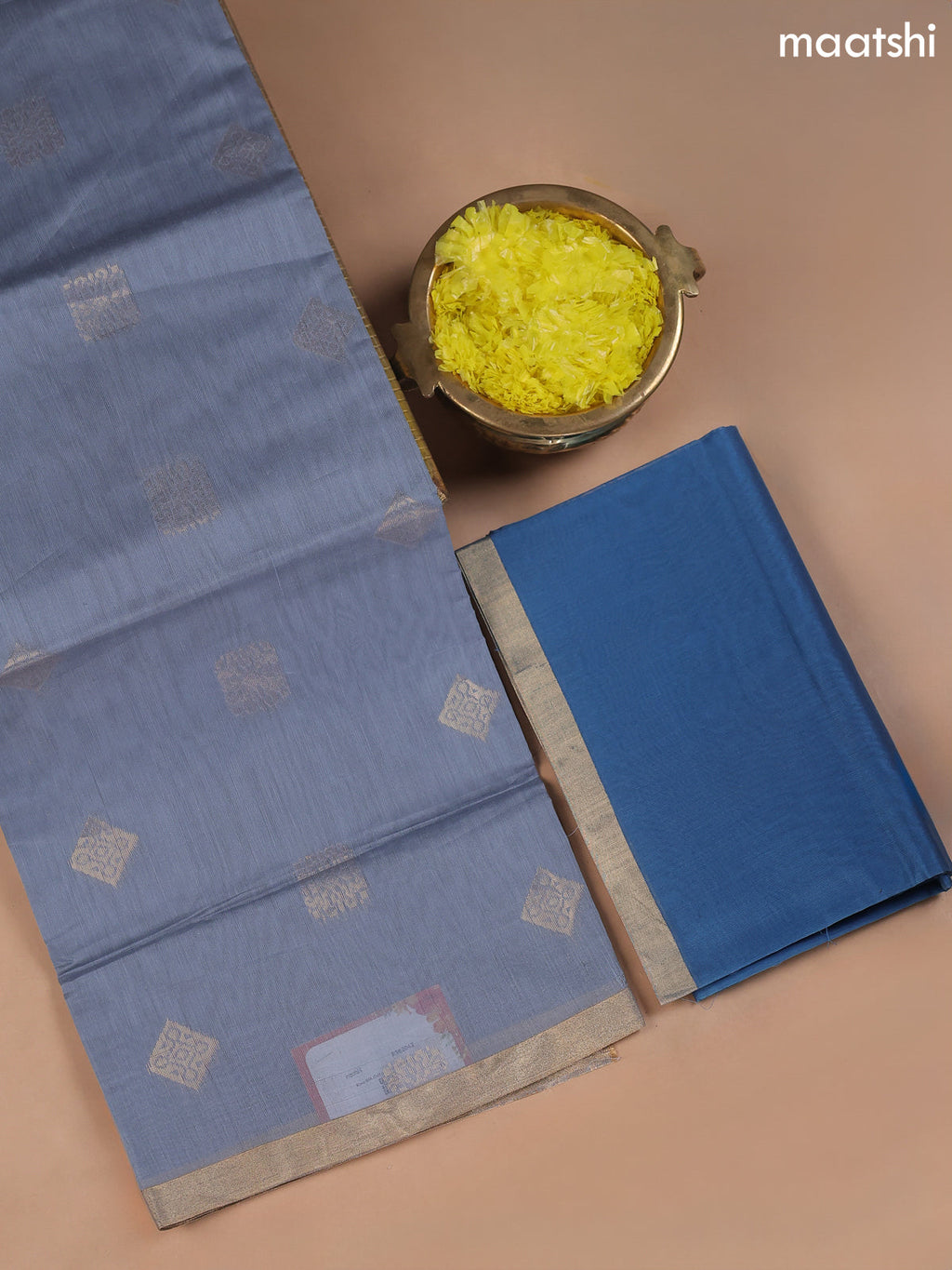 Grey and Blue Kora Silk Cotton Dress Material With Zari Buttas
