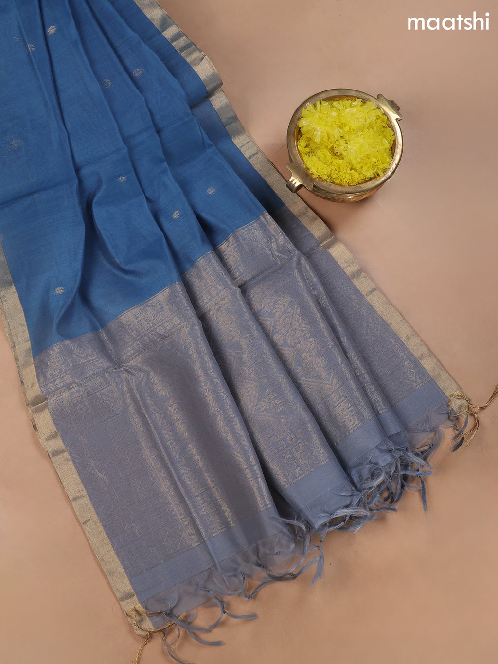 Grey and Blue Kora Silk Cotton Dress Material With Zari Buttas