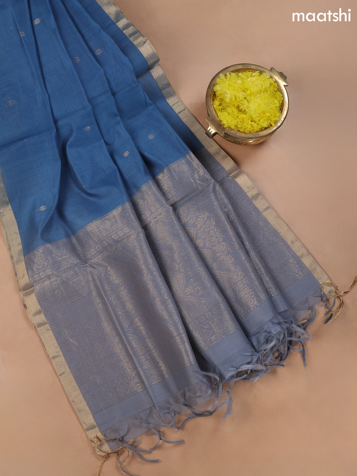 Grey and Blue Kora Silk Cotton Dress Material With Zari Buttas