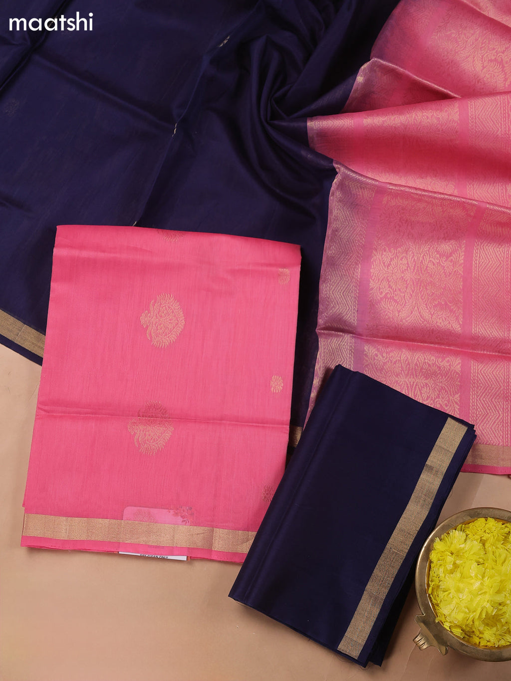 Baby Pink and Navy Blue Kora Silk Cotton Dress Material With Zari Buttas