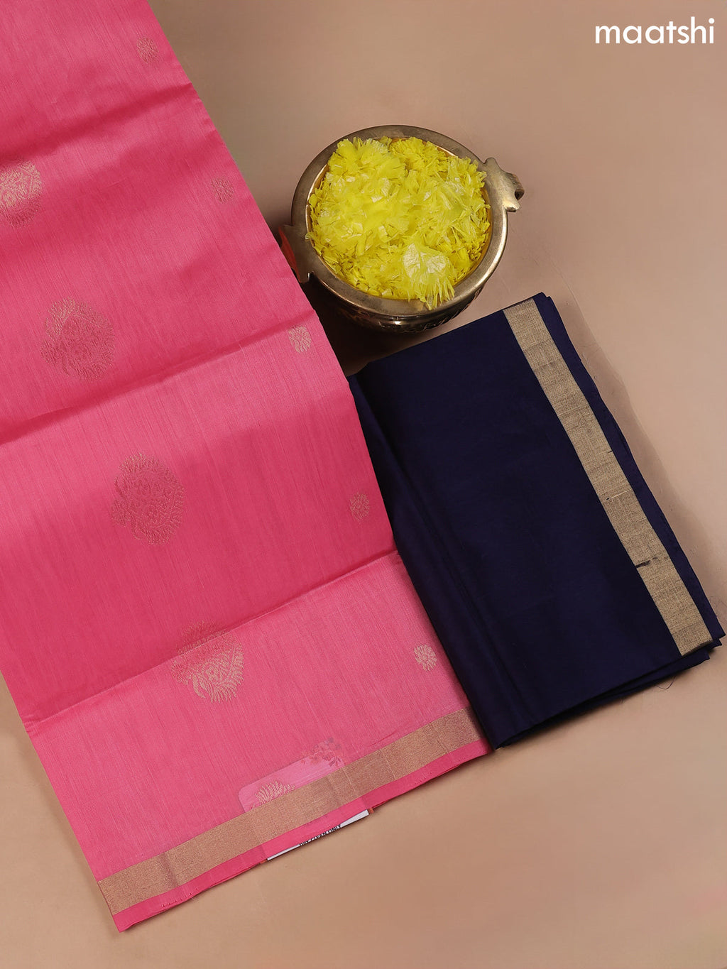 Baby Pink and Navy Blue Kora Silk Cotton Dress Material With Zari Buttas