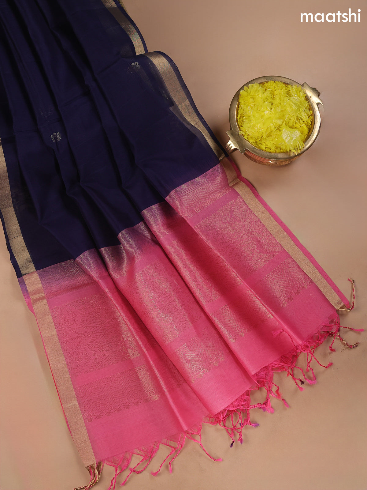 Baby Pink and Navy Blue Kora Silk Cotton Dress Material With Zari Buttas